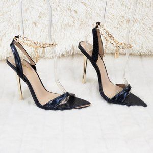 Lock Chain Strap High Heels Metal Toe Tip Black